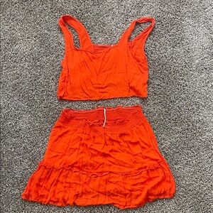 Anthropologie Orange Tiered Mini Skirt and Crop Top Set